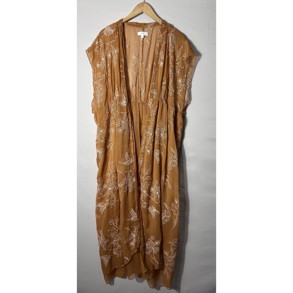Aeom Coatigan Womens Large Brown Embroidered Sheer Kimono Butterfly Floral